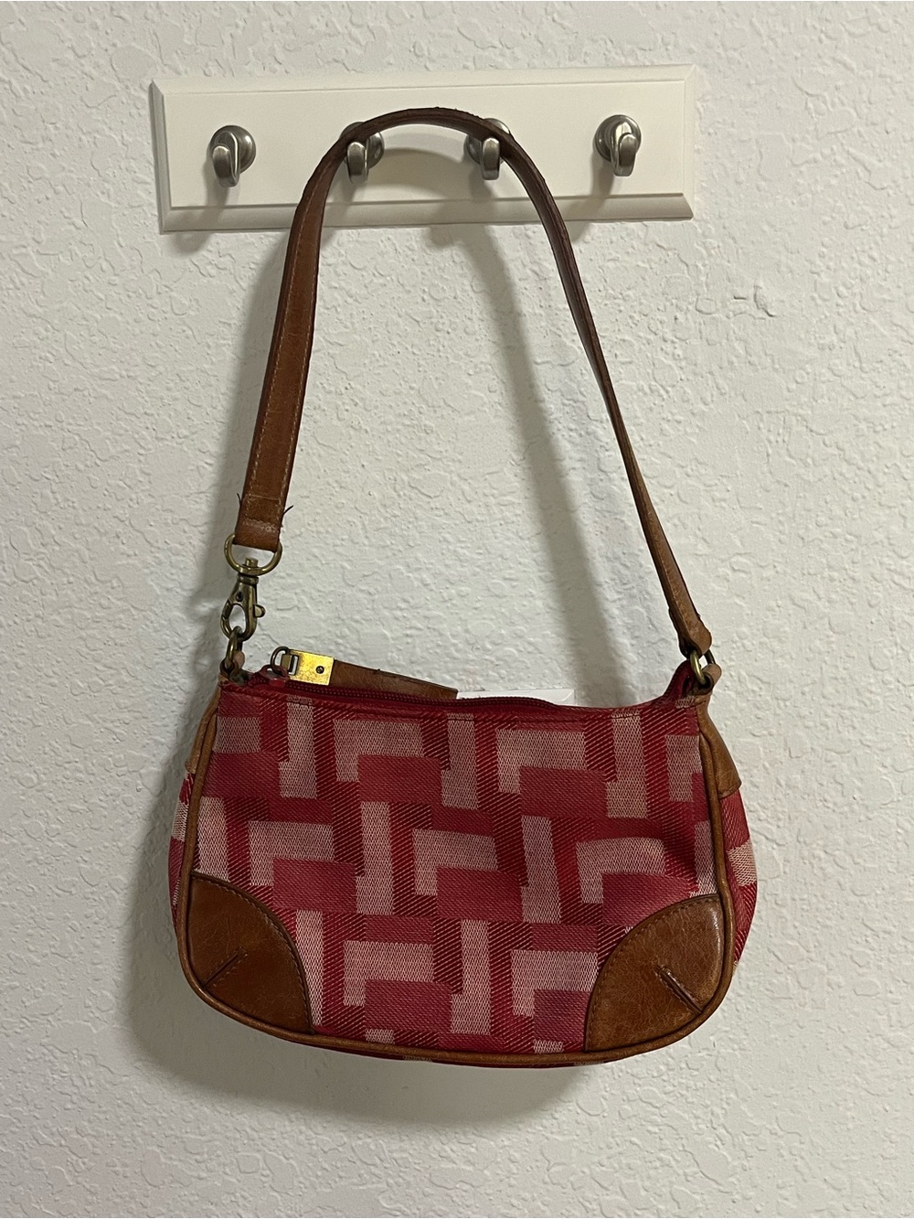Red Patterned Canvas Clutch with Brown Leather Trim